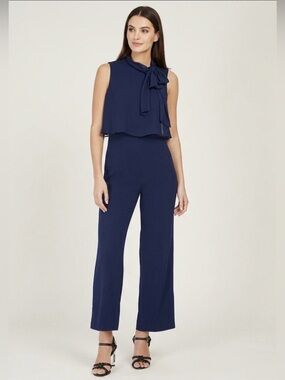 Calvin Klein Elegant Navy Sleeveless ChiffonTie & Overlay Jumpsuit-14 -NWT